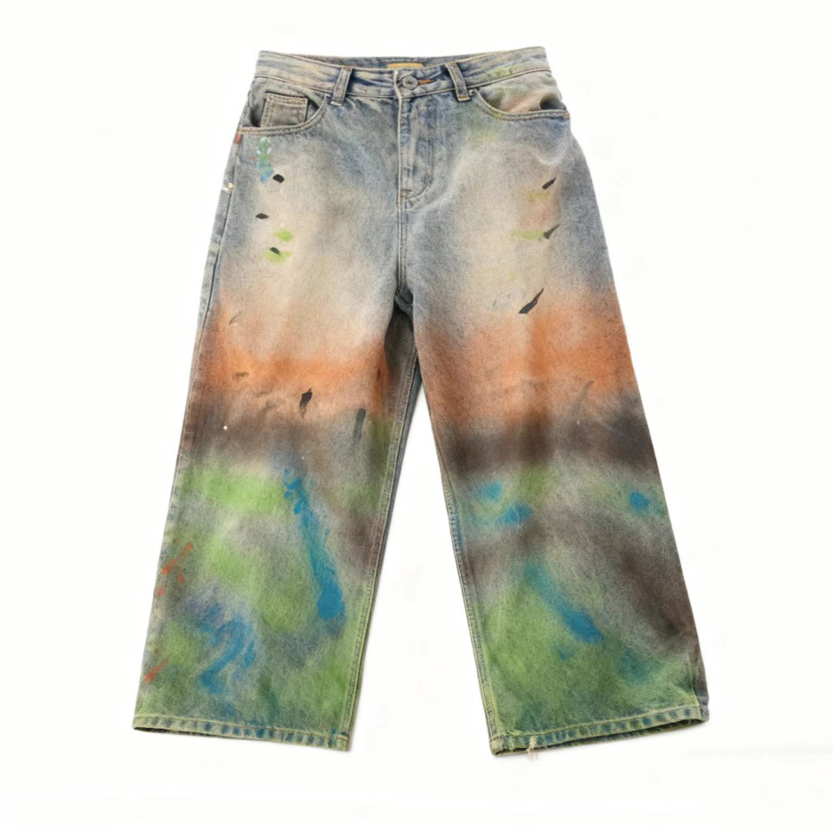 Vintage Washed Distressed Paint-Splatter Denim Jeans