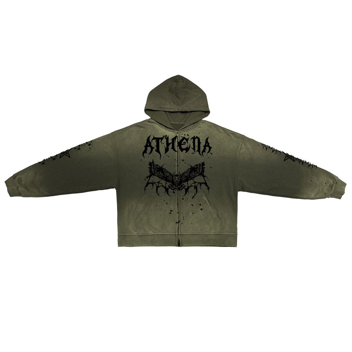 Heavyweight Washed Distressed Dystopian Streetwear Zip-Up Hoodie