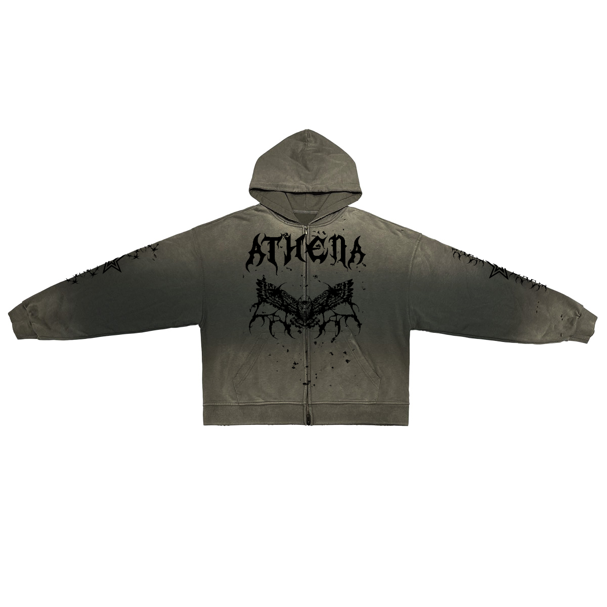 Heavyweight Washed Distressed Dystopian Streetwear Zip-Up Hoodie