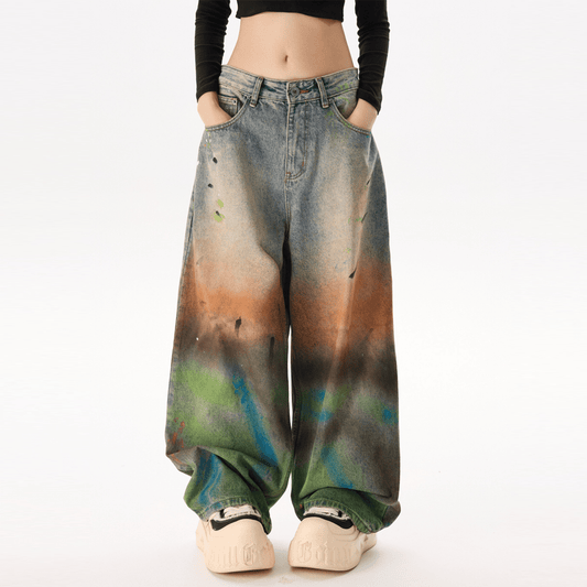 Vintage Washed Distressed Paint-Splatter Denim Jeans