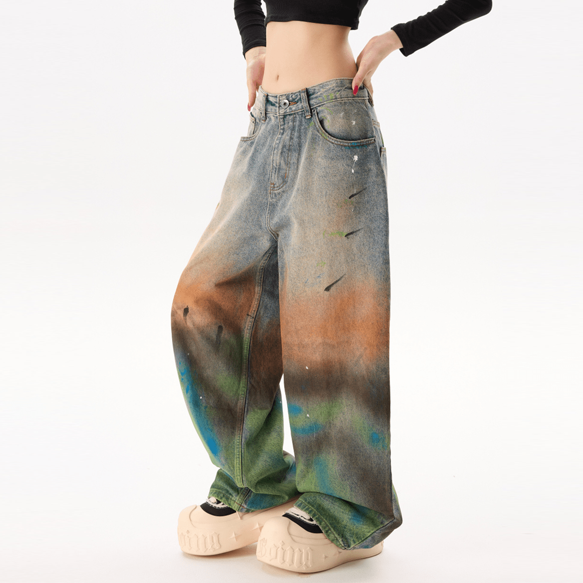 Vintage Washed Distressed Paint-Splatter Denim Jeans