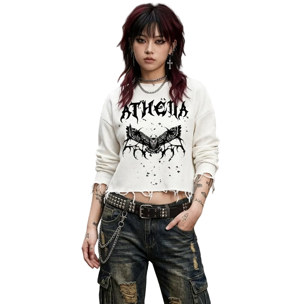 Owl Graphic Waffle Cropped Long Sleeve Shirt