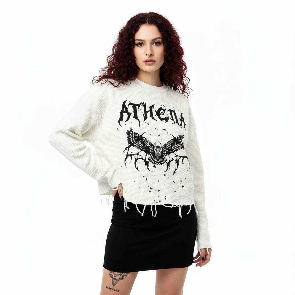 Owl Graphic Waffle Cropped Long Sleeve Shirt